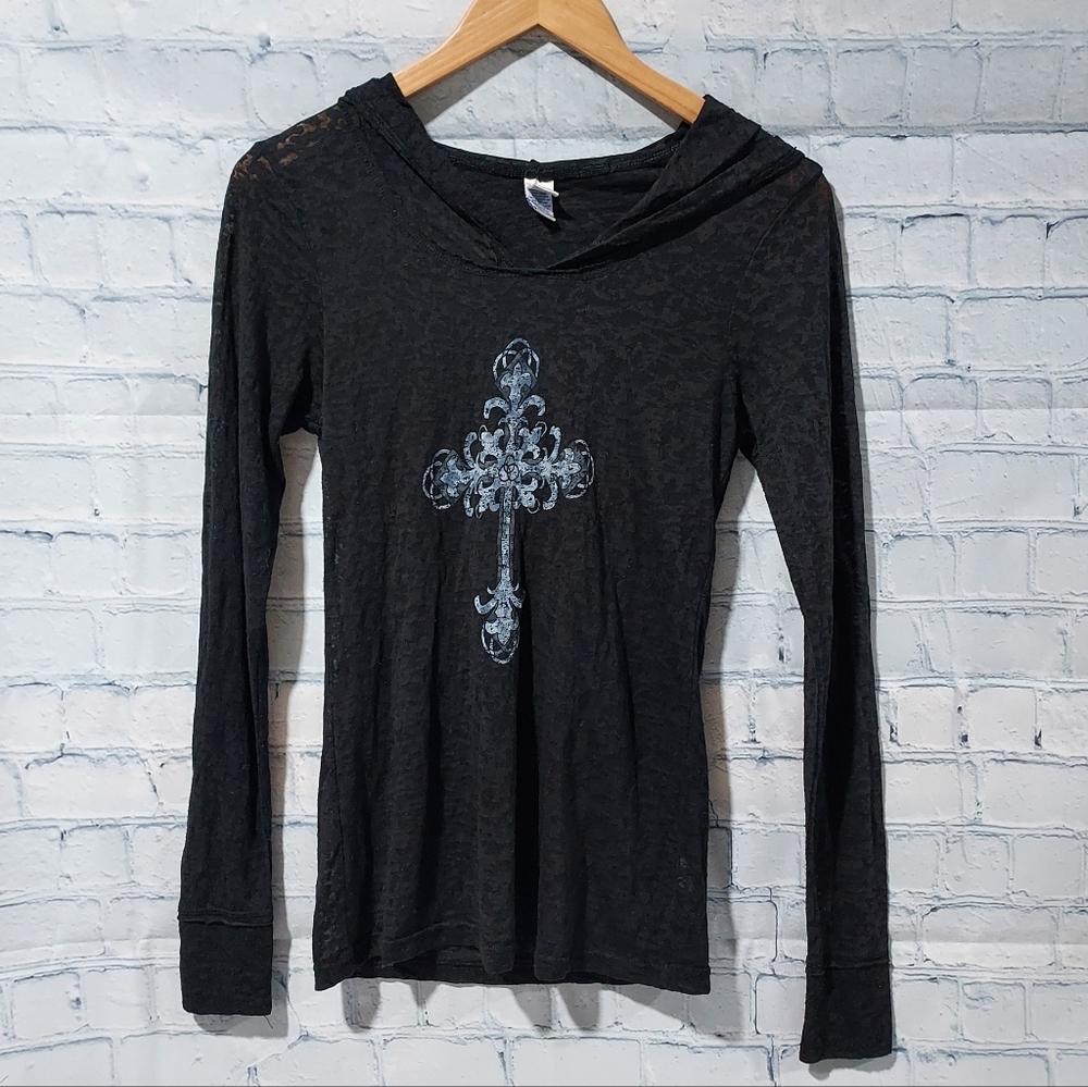 Kavio XS/S Burnout Top Long Sleeve Cross Hood Gothic Grunge Y2K Vampire Biker